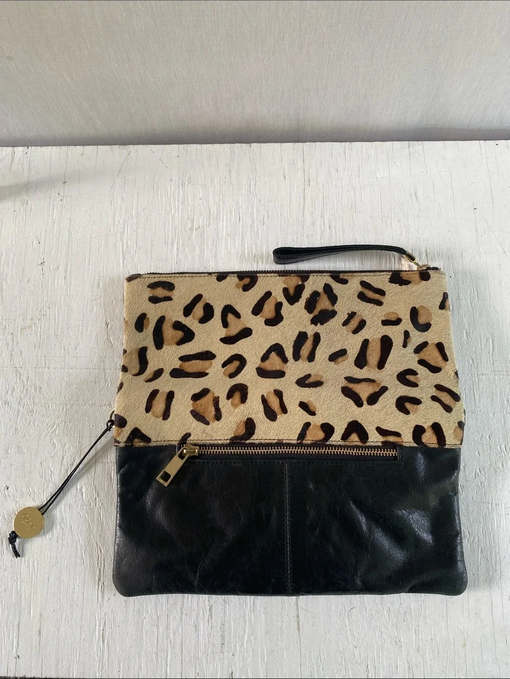 Leopard Calf hair leather Foldover Wristlet Clutch - Black & Tan
